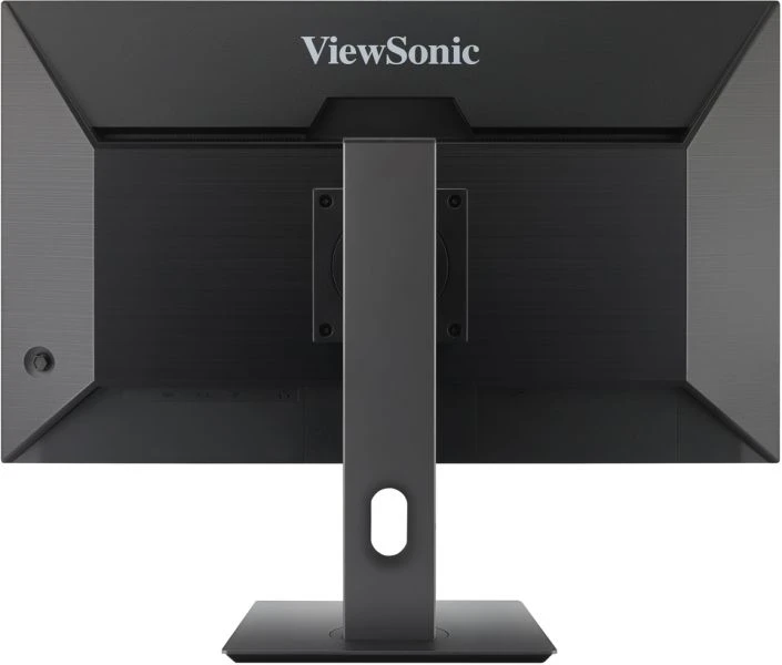 Egy ViewSonic monitor hátulja. Fekete, ezüst szegéllyel és állvánnyal. Az állványon egy lyuk van, és egy négyzet alakú talapzathoz csatlakozik.