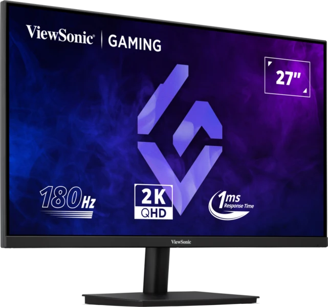 ViewSonic gaming monitor, 27 hüvelykes, fekete keret. Jellemzők: 180Hz, 2K QHD, és 1ms válaszidő. Lila és kék háttér.