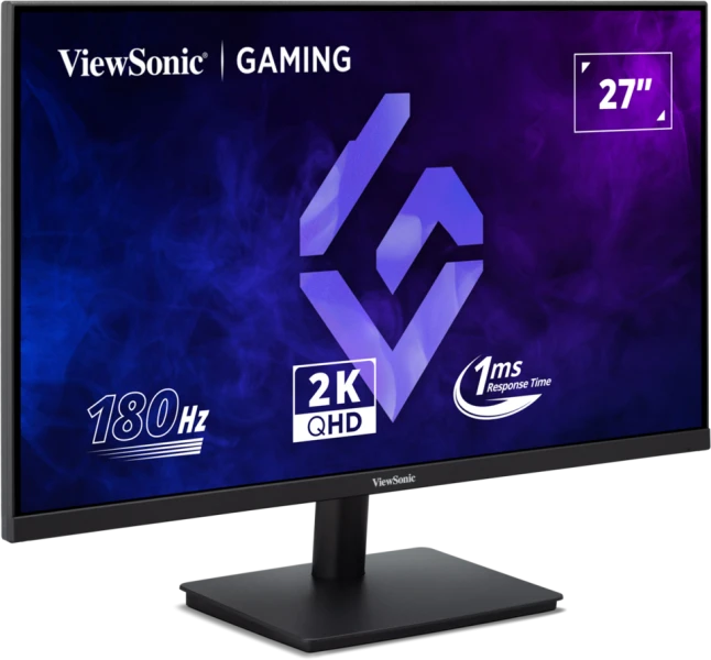 ViewSonic gaming monitor. Jellemzők: 27", 2K QHD, 180Hz és 1ms válaszidő. Fekete állvány és keret. Kék és lila háttér.