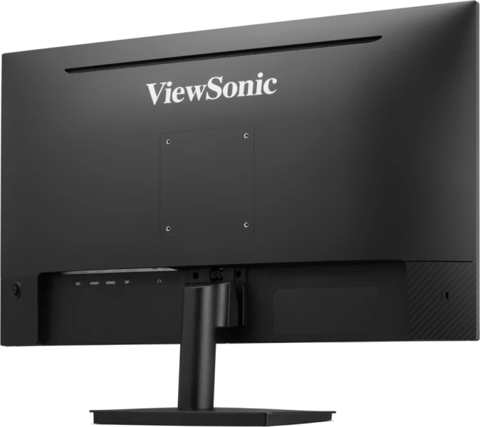 Egy fekete ViewSonic monitor hátulja. Van állványa, portjai és a ViewSonic logója felül.