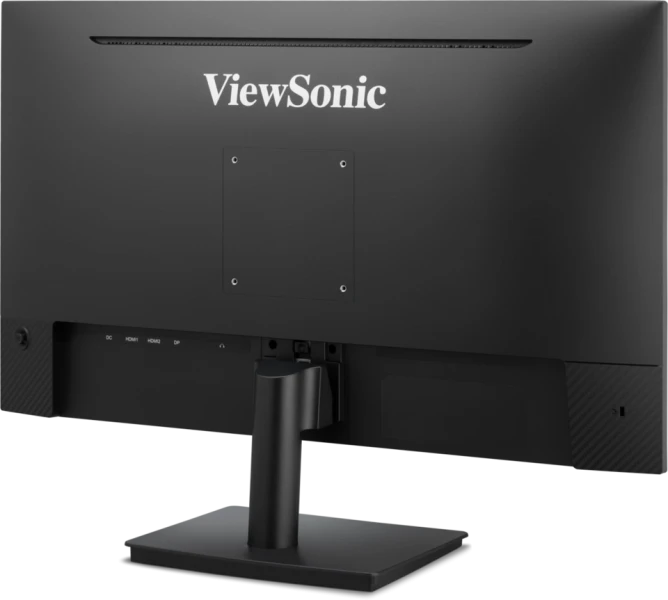 Egy fekete ViewSonic monitor hátulnézete, a tartóval, a portokkal és a logóval. A monitor egy fekete állványon van.