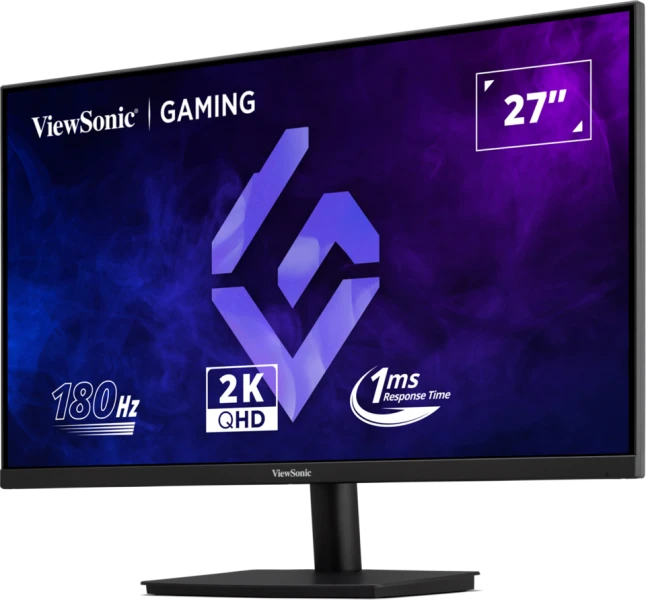 Egy ViewSonic gaming monitor. 27 hüvelykes képernyője, 180Hz-es frissítési frekvenciája, 2K QHD, 1 ms válaszidővel. A háttér lila.