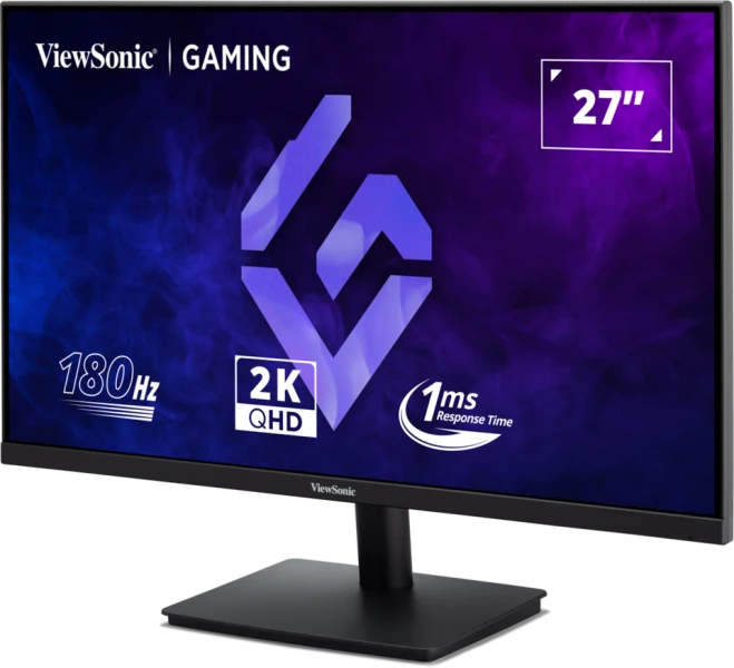 Egy ViewSonic gaming monitor. 27"-es képernyővel, 180Hz-cel, 2K QHD-vel és 1ms válaszidővel rendelkezik. A háttér lila és kék.