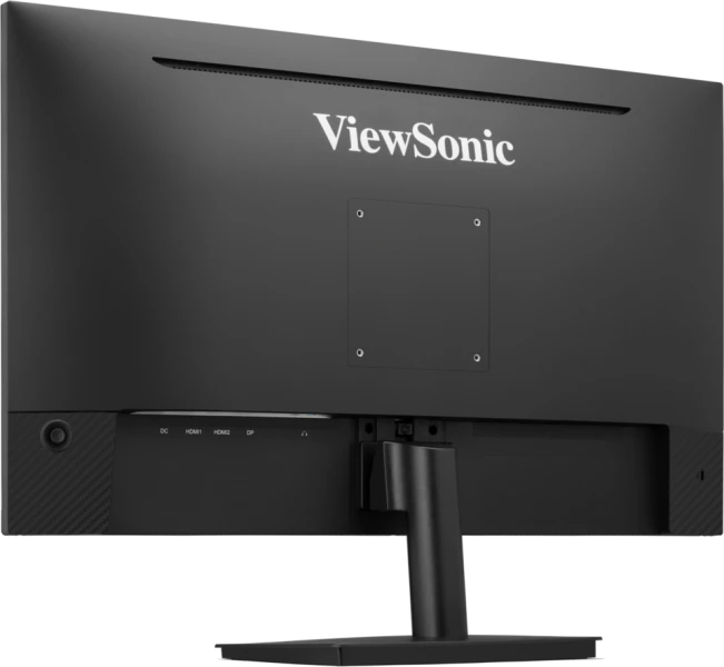 Fekete ViewSonic monitor hátulja. Portok: DC, HDMI1, HDMI2 és DP. Egy állvány van rögzítve.
