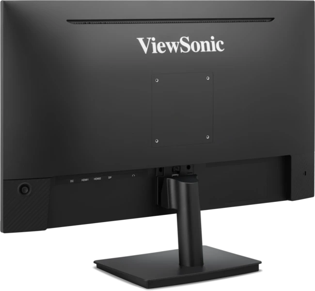 Egy fekete ViewSonic monitor hátulja látható. Tartalmazza a cég logóját, portokat, egy állványt és egy négyzet alakú szerelőlapot.