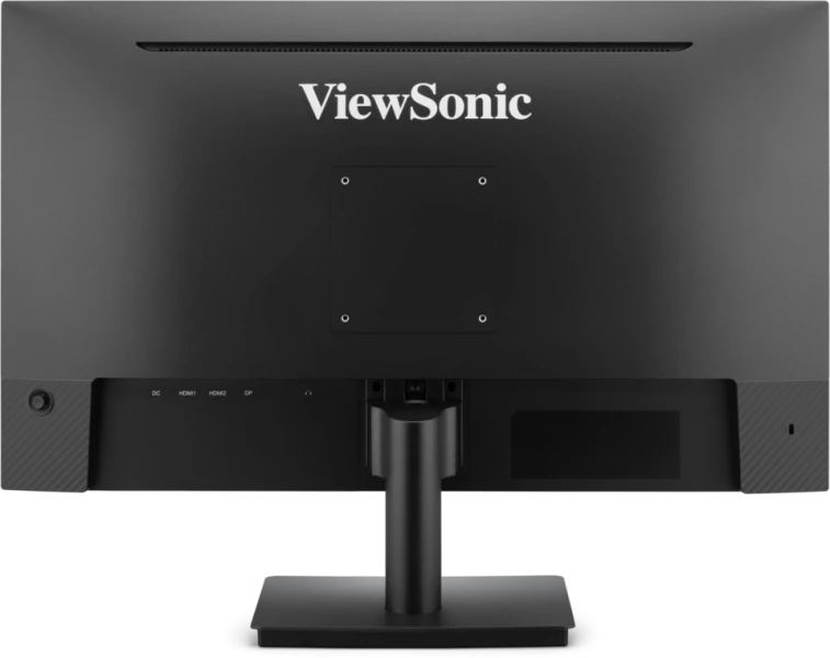 Egy fekete ViewSonic monitor hátulja. DC, HDMI1, HDMI2 és DP portok vannak rajta. Az állvány fekete.