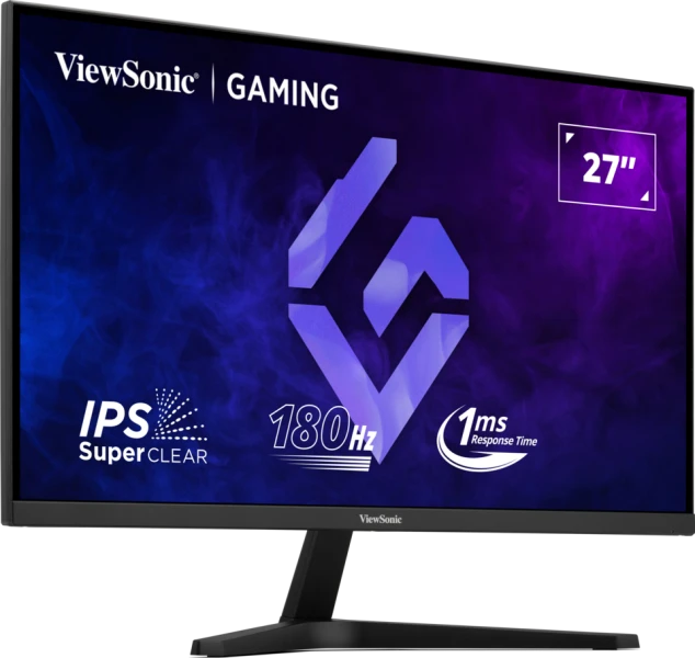 Egy ViewSonic gaming monitor. 27" képernyővel, 180 Hz-cel, 1 ms válaszidővel és IPS SuperClear technológiával rendelkezik. A monitor fekete.