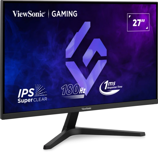 Egy 27"-es ViewSonic gaming monitor. Jellemzők: IPS SuperClear, 180 Hz képfrissítési sebesség, 1 ms válaszidő.