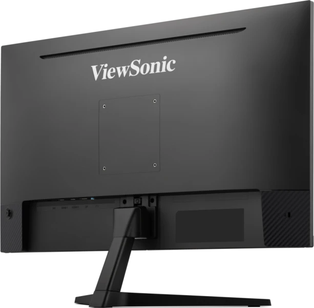 Egy fekete ViewSonic monitor hátulja. A logó látható. Különböző portok és egy állvány csatlakozik.