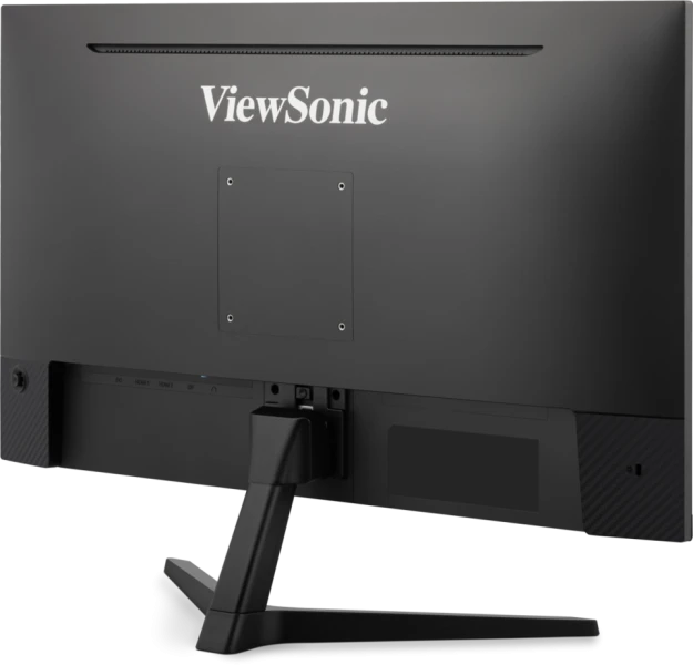 Egy fekete ViewSonic monitor hátulnézete. A márkanév, rögzítési pontok és portok láthatók. Egy fekete állvány tartja a monitort.