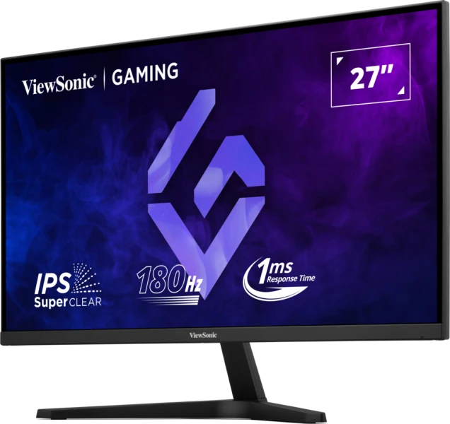 Egy 27 colos ViewSonic gaming monitor. IPS SuperClear, 180Hz, 1ms válaszidő. A háttér sötétkék és lila.