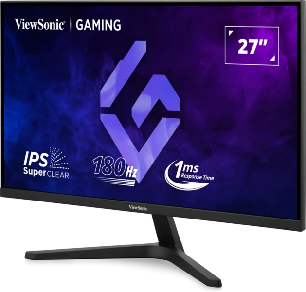 ViewSonic gamer monitor. Jellemzők: 27", 180Hz, 1ms válaszidő és IPS SuperClear. A képernyőn egy logó látható.