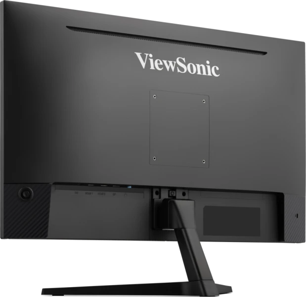 Egy fekete ViewSonic monitor hátulról. Csatlakozó portokkal és állvánnyal rendelkezik. A logó felül van.