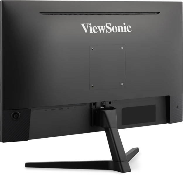 Egy fekete ViewSonic monitor hátulja látható. Az állvány és a portok alul láthatók. A ViewSonic logója felül található.