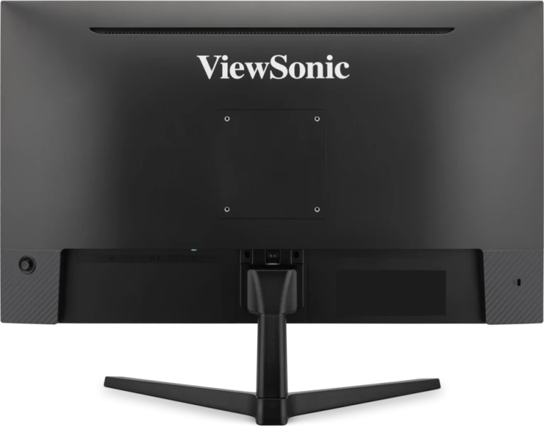 Egy fekete ViewSonic monitor hátulja állvánnyal. Portok, tápbemenet és a fehér ViewSonic logó látható.