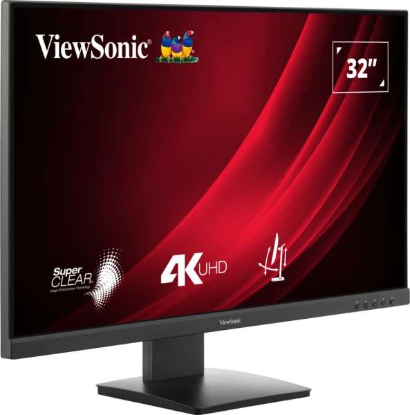 Egy ViewSonic 32" 4K UHD monitor. Fekete kerettel, piros háttérrel, fehér díszítéssel, valamint látható a logó és a specifikáció.