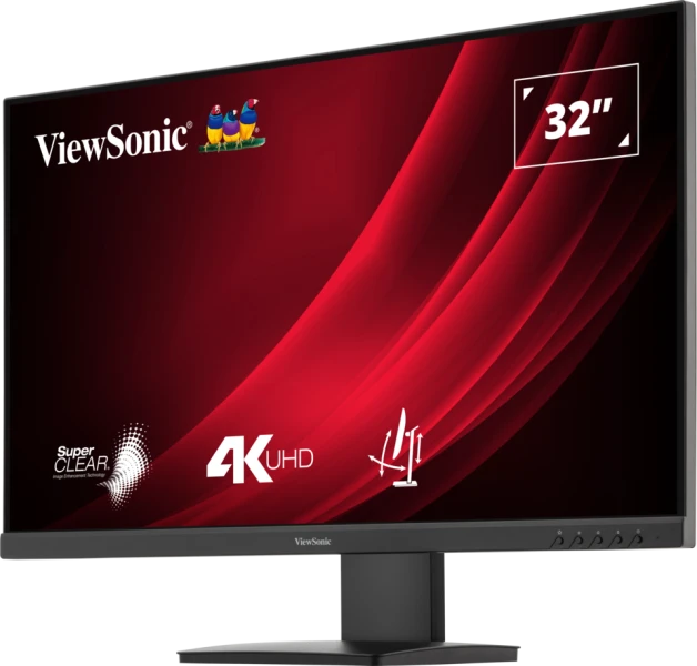 Egy 32 hüvelykes ViewSonic monitor piros-fekete képernyővel. 4K UHD felbontású és fekete állvánnyal rendelkezik. A ViewSonic logó látható.