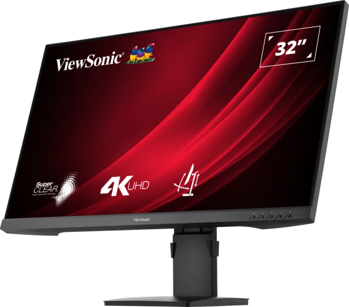 Egy ViewSonic 32"-es monitor piros-fekete kijelzővel. Állvánnyal rendelkezik, és 4K UHD felirattal van ellátva.