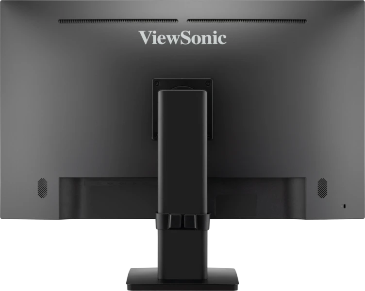 Egy ViewSonic monitor hátulja. Fekete, a ViewSonic logóval. A tartó és a portok láthatók.