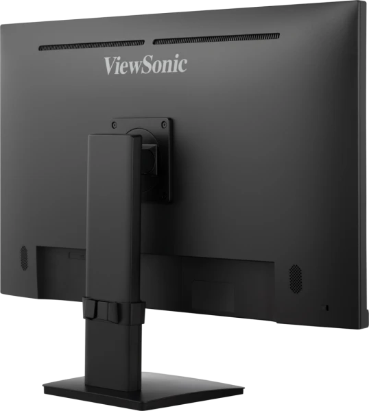 Egy fekete ViewSonic monitor hátulról. Állványa, szellőzőnyílásai és a ViewSonic logója látható. A monitor fehér háttéren van.