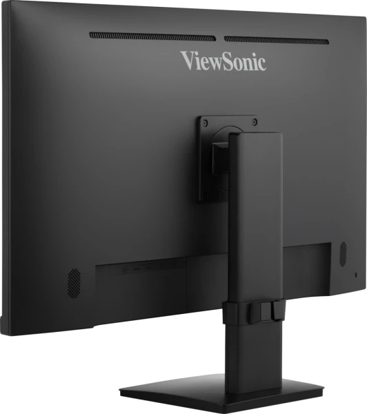 Egy fekete ViewSonic monitor hátulnézete. A monitoron állvány, portok vannak, és látható a ViewSonic logója. A háttér egyszerű.
