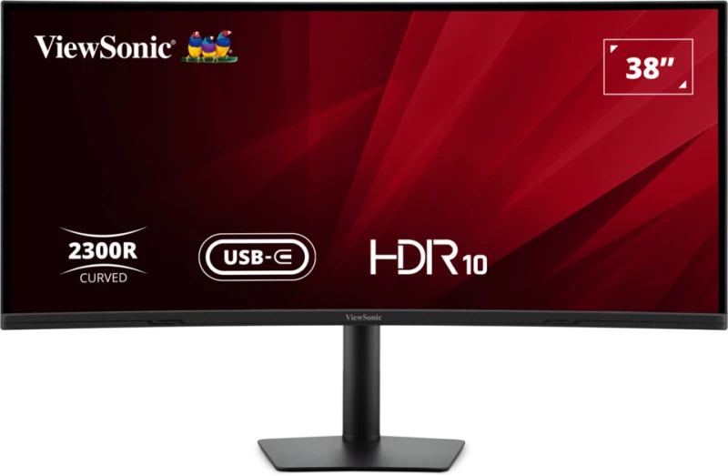 Egy 38 hüvelykes ívelt ViewSonic monitor piros háttérrel. USB-C-vel, HDR10-zel és ívelt kijelzővel rendelkezik. A monitor fekete állvánnyal rendelkezik.