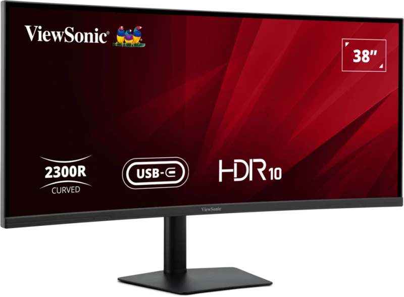 ViewSonic 38 hüvelykes ívelt monitor piros háttérrel. Jellemzők: HDR10, USB-C és 2300R ívelt. Fekete állvány.