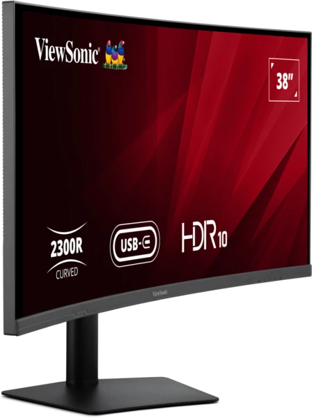 Egy ívelt ViewSonic monitor. USB-C-vel, HDR10-zel rendelkezik, és 38 hüvelykes. A képernyő piros hátterű.