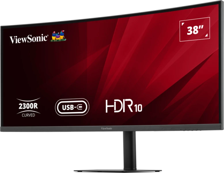 Egy 38"-es ívelt ViewSonic monitor. Piros háttere van, olyan funkciókkal, mint az USB-C és a HDR10. Az állvány fekete.