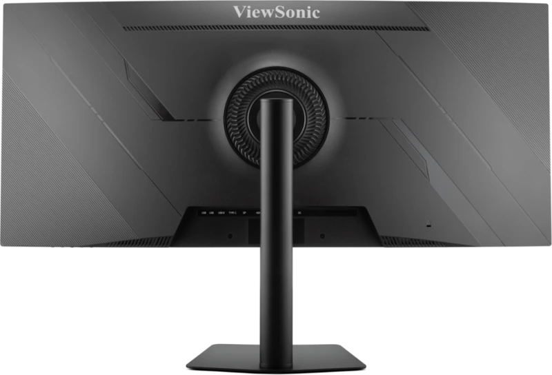 A ViewSonic monitor hátulról. Fekete állványa van, és sötétszürke képernyője a ViewSonic logóval.