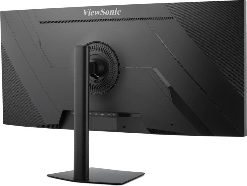 Egy fekete ViewSonic monitor hátulja. Egy központi állvány tartja a képernyőt. A ViewSonic logója felül látható.