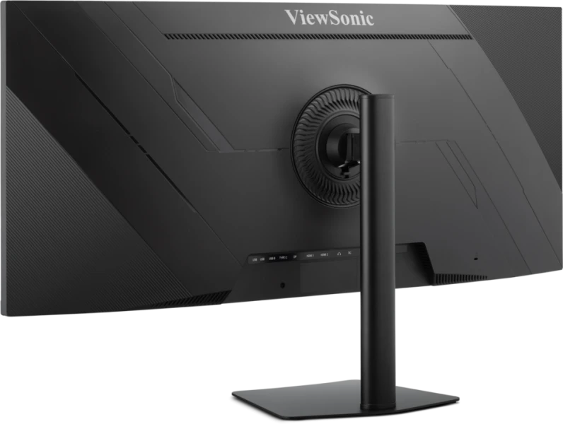 Egy fekete ViewSonic monitor hátulja látható, benne az állvánnyal. Portokkal és kör alakú kialakítással rendelkezik.