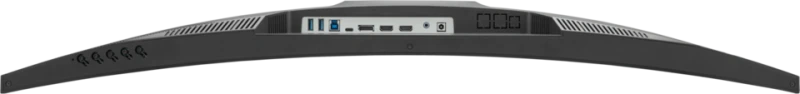 Ívelt monitor hátulnézete HDMI, USB, tápellátás és audio portokkal. A keret fekete.