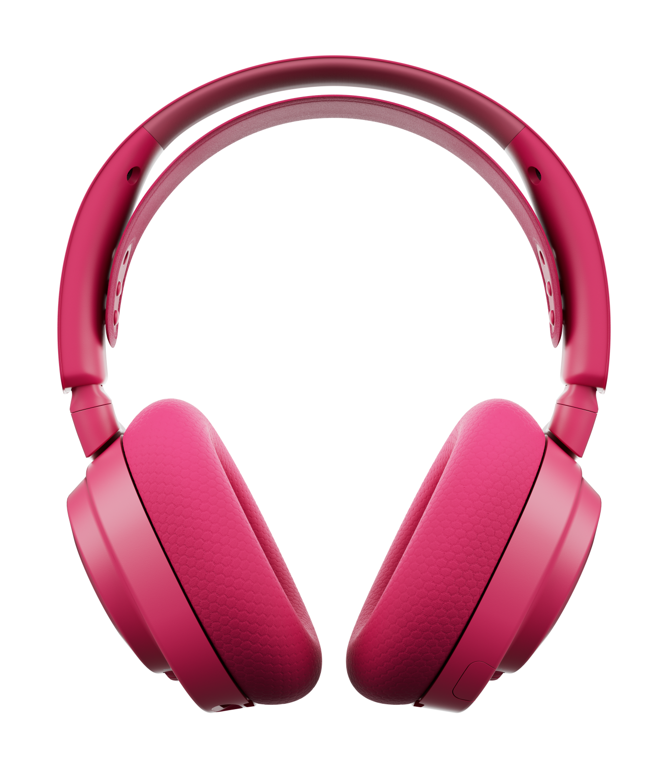 Różowe słuchawki na czarnym tle. Słuchawki mają wyściełany pałąk i nauszniki.