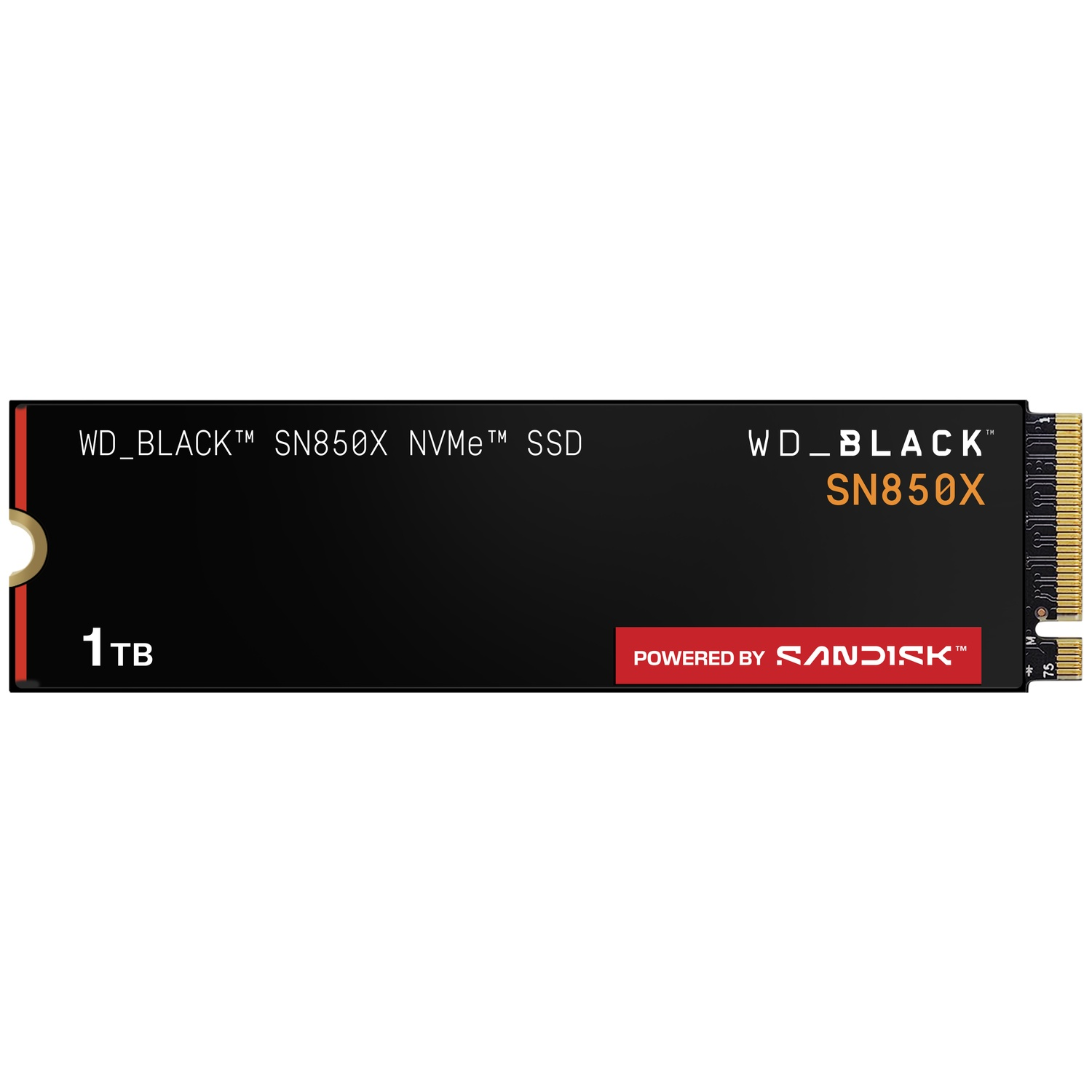 Black WD_BLACK SN850X NVMe SSD with 1TB capacity. Features the Sandisk logo and product details. The design is sleek and modern.
