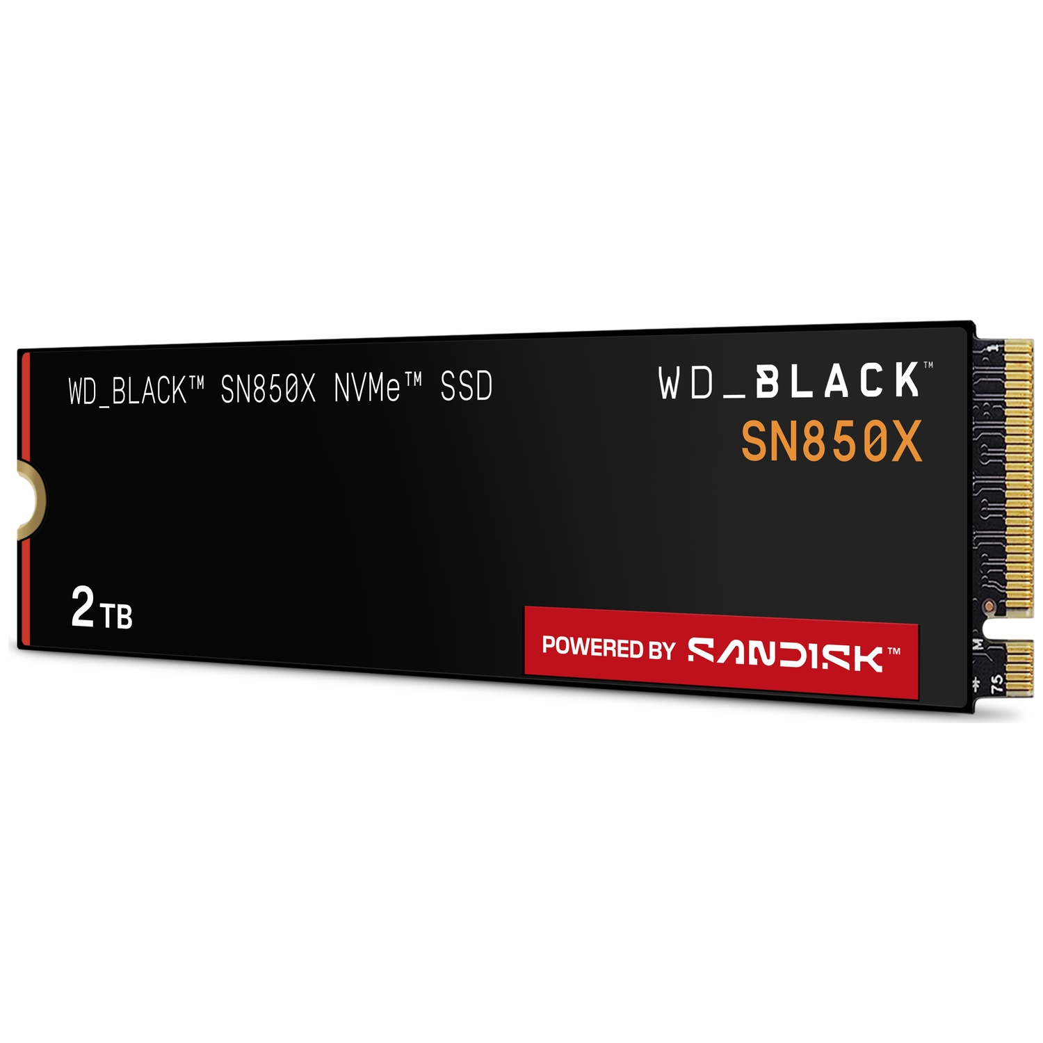 A black WD_BLACK SN850X NVMe SSD with orange and white text. It says '2TB' and 'Powered by SanDisk'.