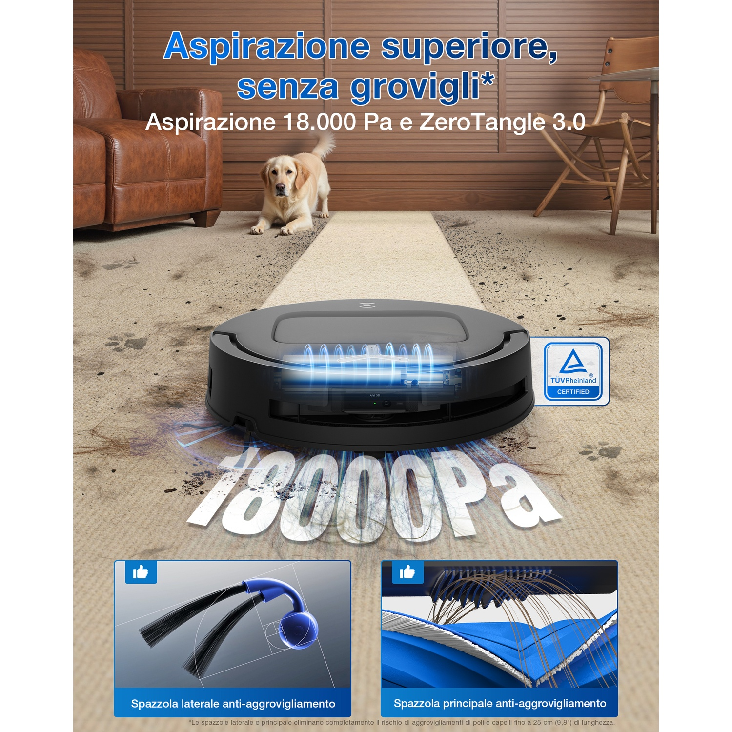Un aspirapolvere robot nero su un tappeto sporco, un cane sullo sfondo e testo italiano che ne promuove le caratteristiche.