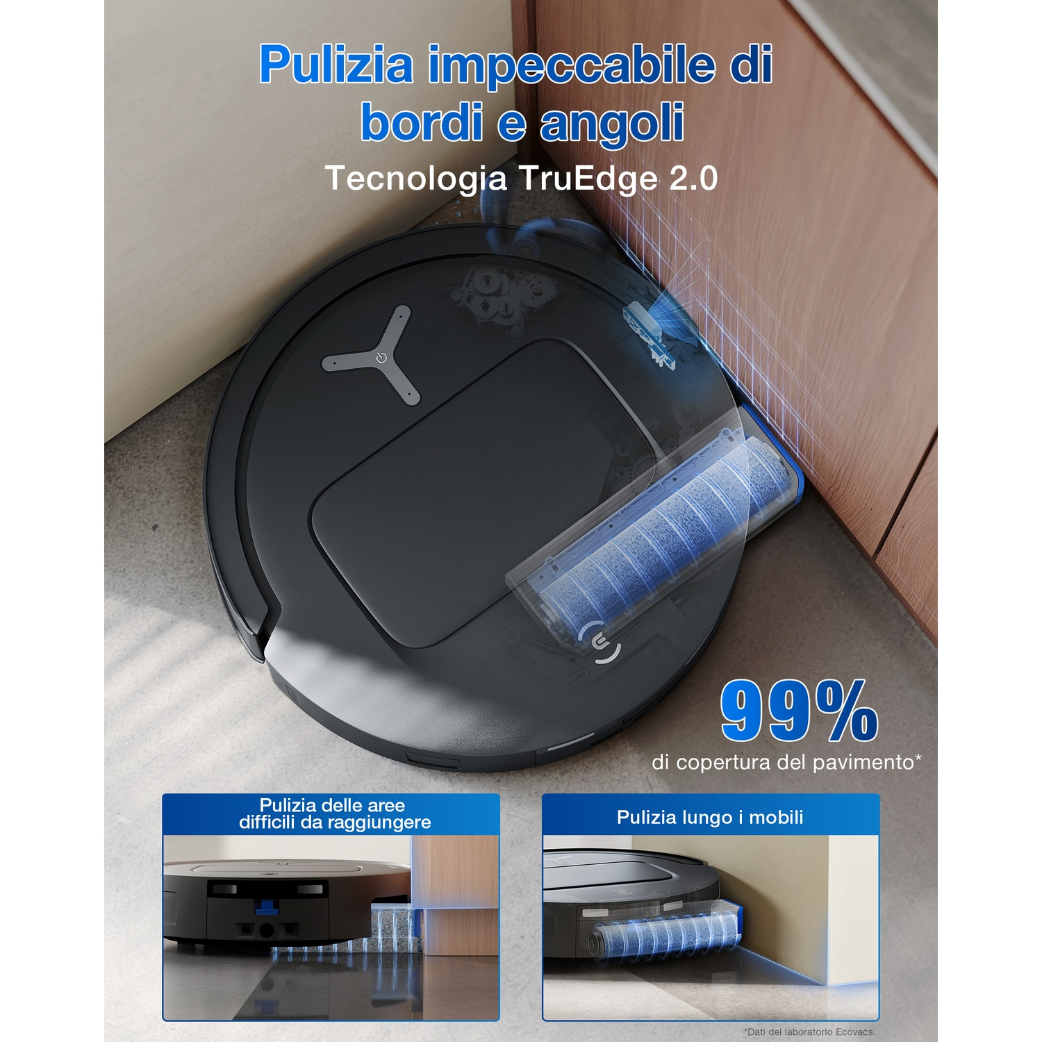 Un robot aspirapolvere nero con spazzola blu pulisce un angolo. Il testo descrive le prestazioni e le caratteristiche di pulizia.