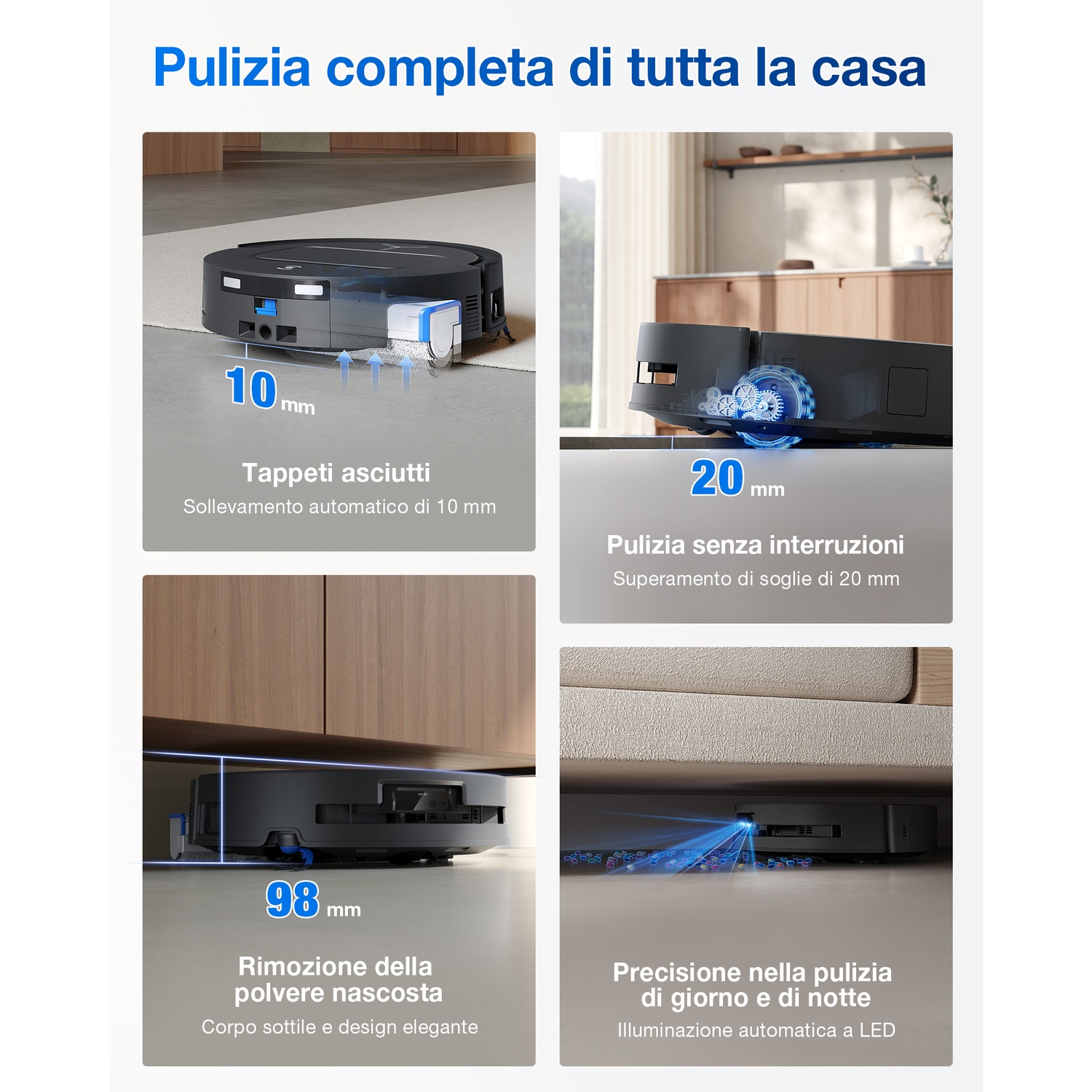 Un robot aspirapolvere con testo che descrive le caratteristiche: asciugatura tappeti, superamento soglie di 20 mm, rimozione polvere e illuminazione LED.