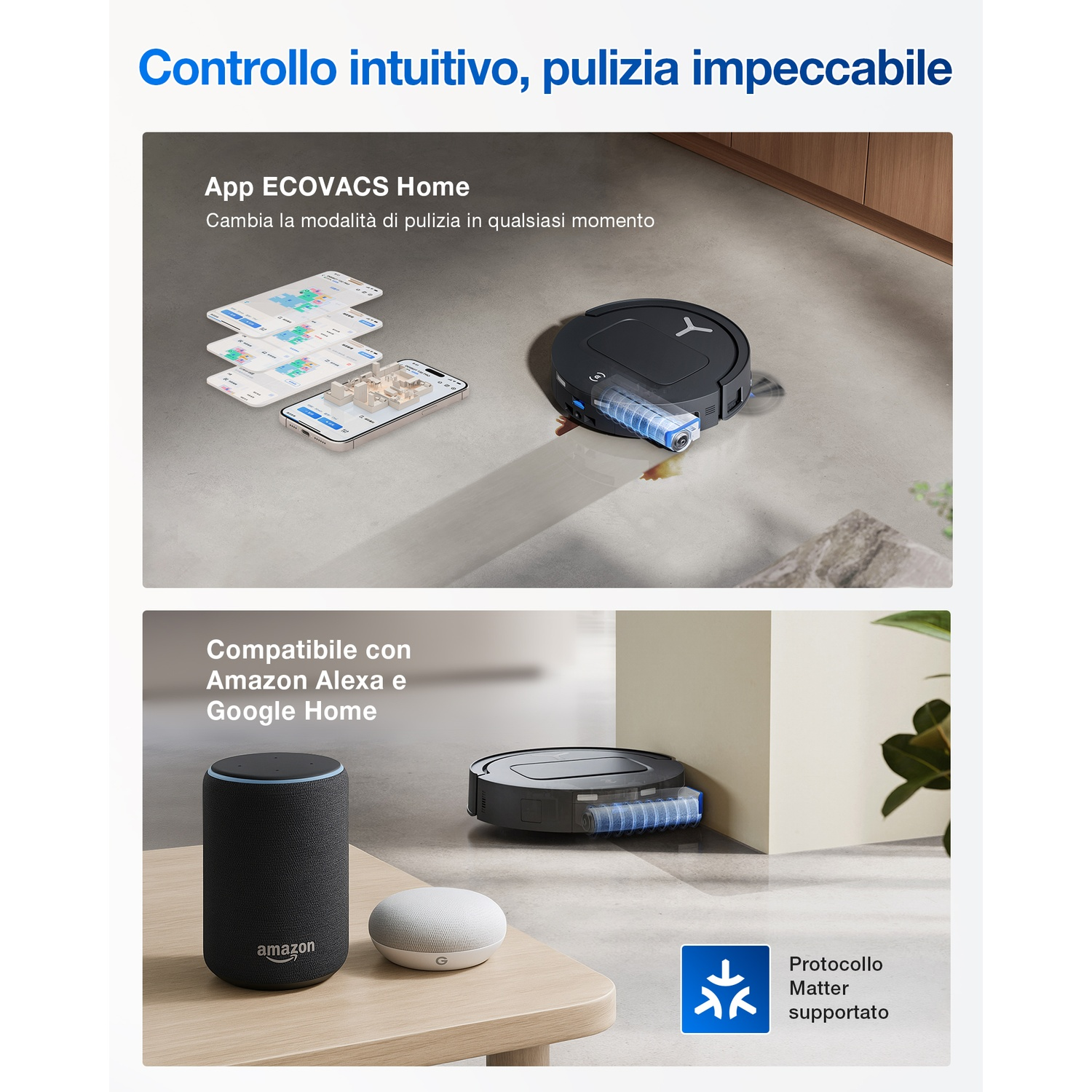 L'immagine mostra un aspirapolvere robot, smartphone, altoparlanti intelligenti e testo in italiano.