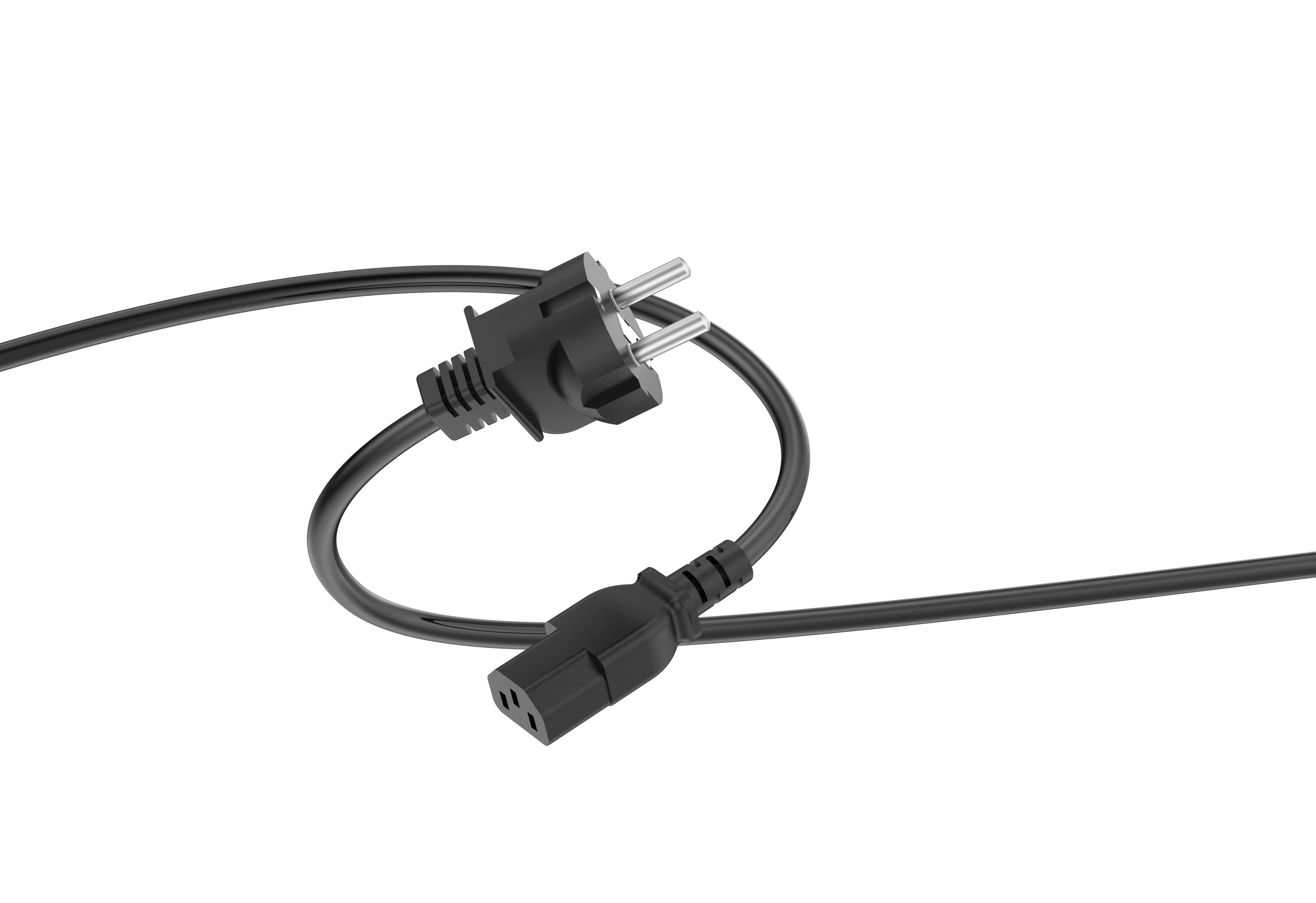 Czarny kabel zasilający z wtyczką i złączem na białym tle. Kabel jest zakrzywiony.