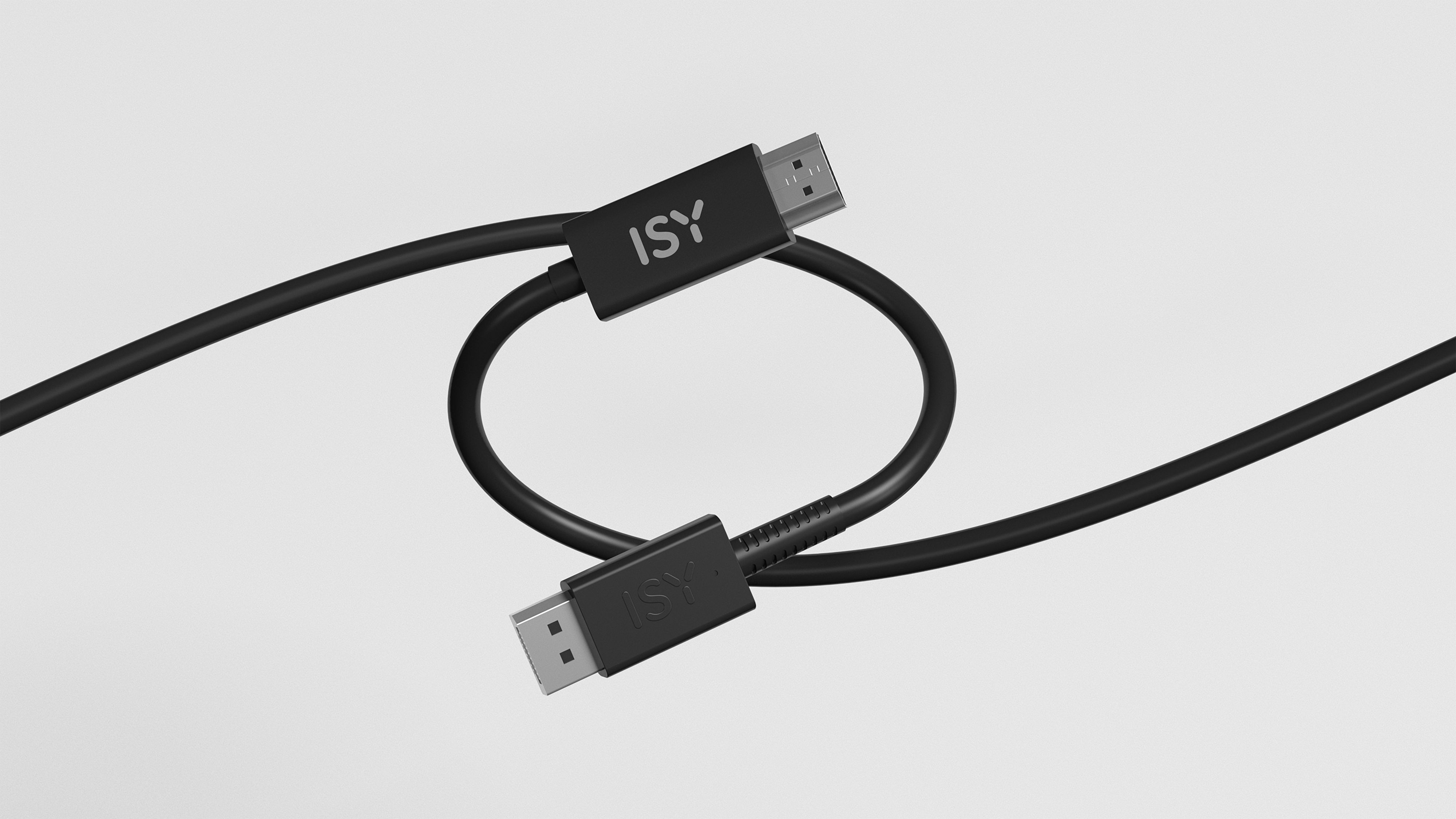 Czarny kabel DisplayPort ISY jest pętlą na białym tle. Kabel ma złącza na obu końcach.