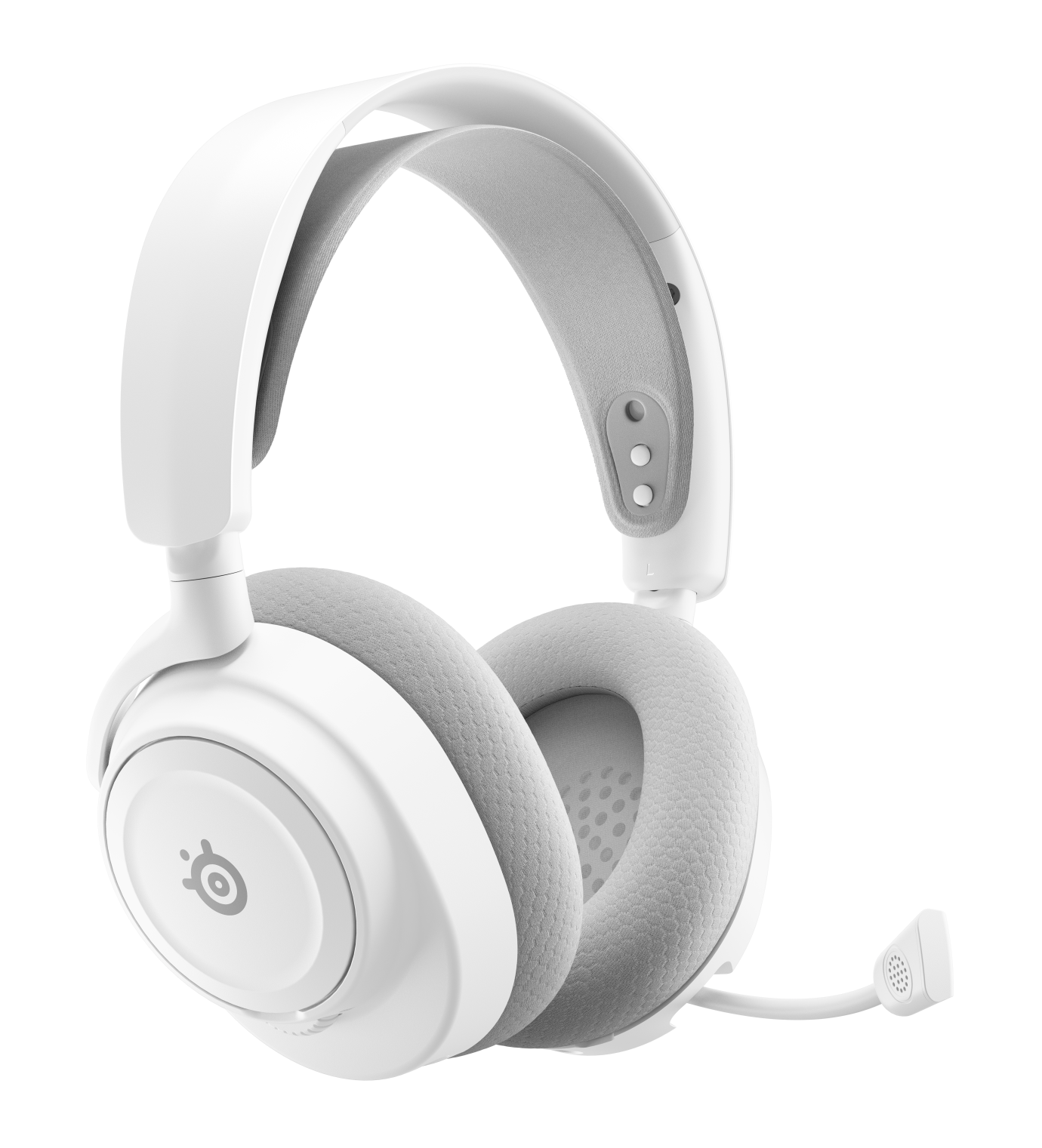Biały zestaw słuchawkowy dla graczy z szarymi nausznikami i wyściółką pałąka. Mikrofon wystaje z lewego nausznika. Czarne tło.