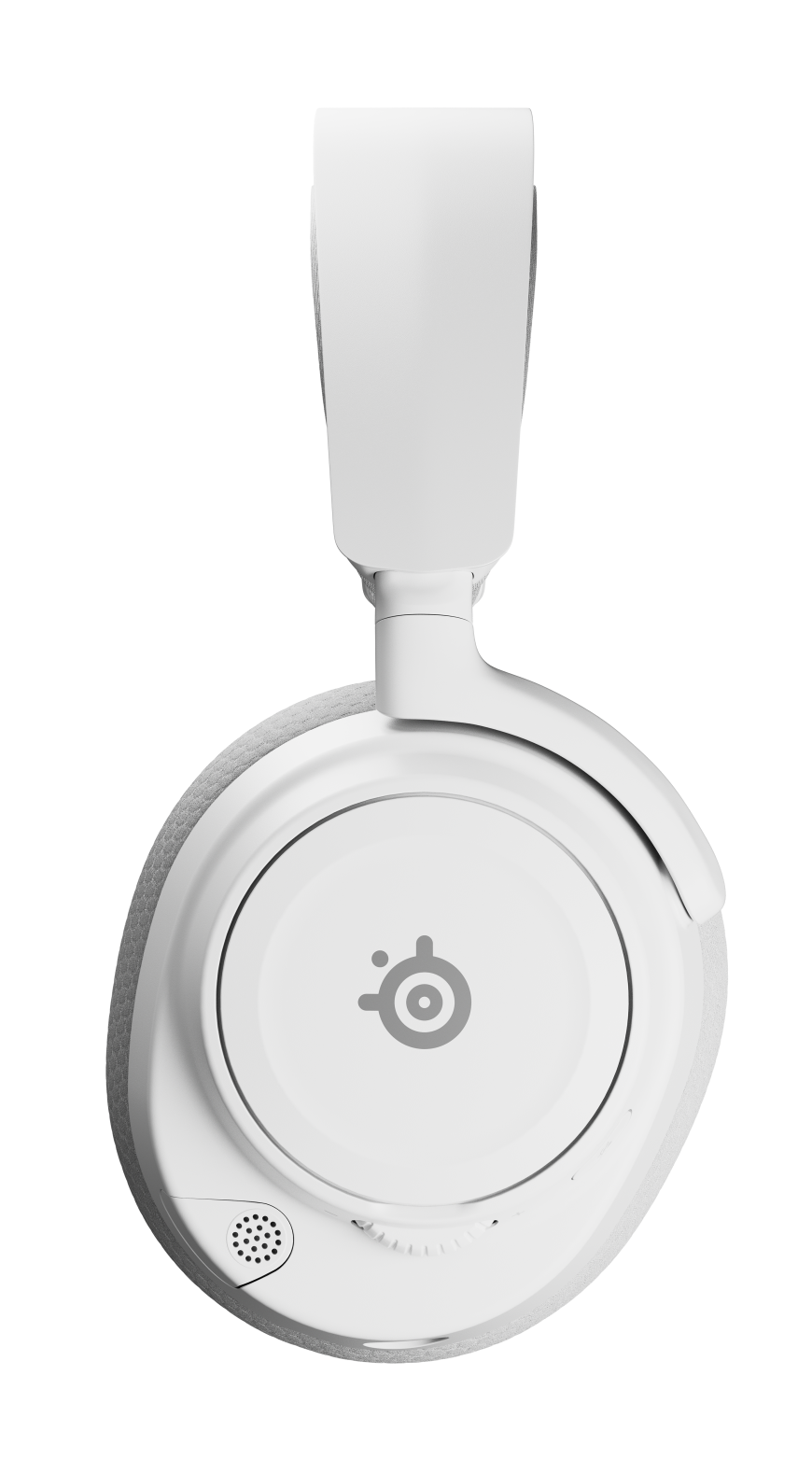 Białe słuchawki do gier na czarnym tle. Słuchawki mają biały pałąk i nauszniki z szarym logo.