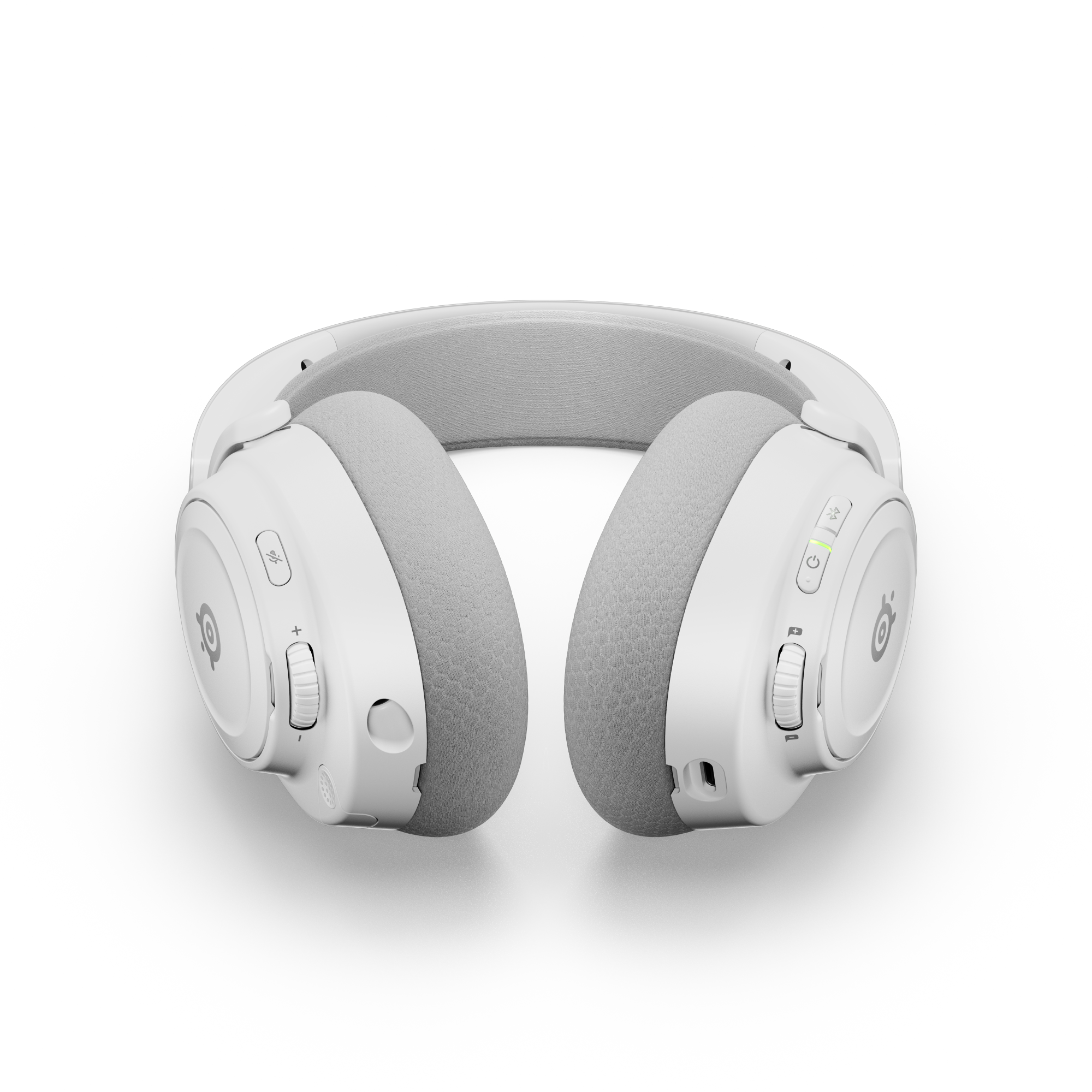 Białe słuchawki z szarymi nausznikami na czarnym tle. Widoczne elementy sterujące i logo.
