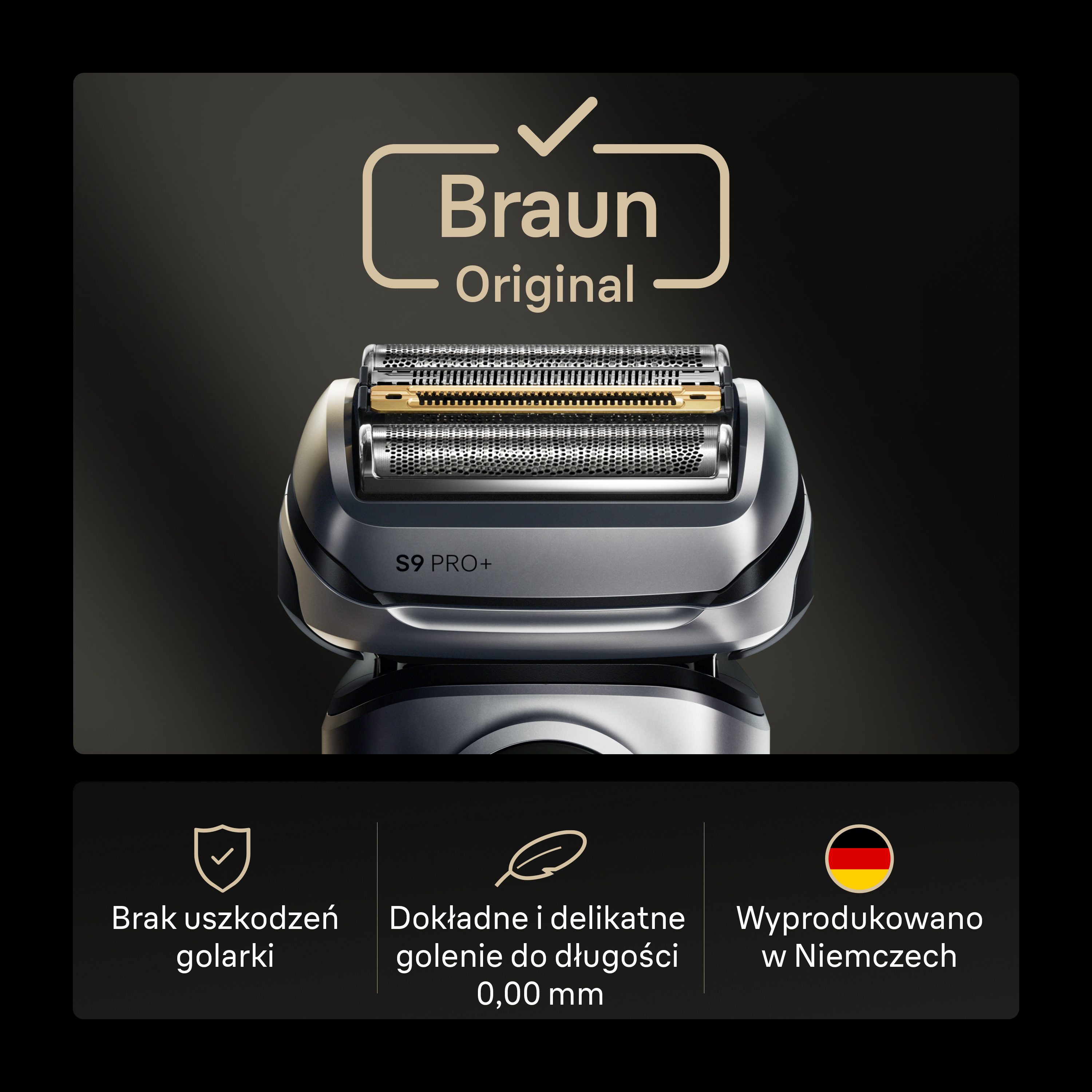Wyświetlono golarkę elektryczną Braun S9 PRO+ z logo Braun. Poniżej szczegóły w języku polskim.