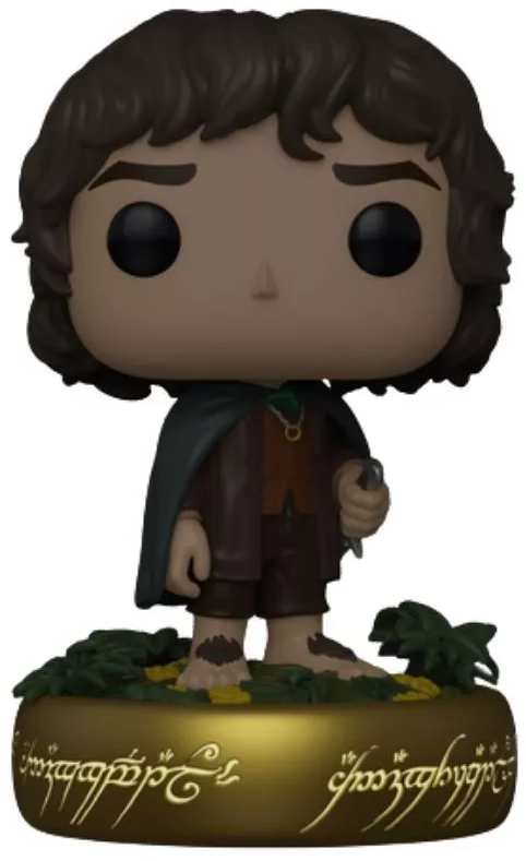 Frodo Baggins Funko Pop figura. Zöld köpenyt visel, kis kardot tart, feliratos talapzaton áll.