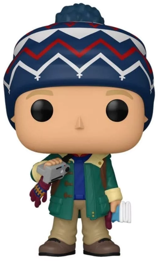 Funko Pop figura egy téli ruhát viselő fiúról, aki egy kamerát és egy kék-fehér tárgyat tart. Kalapot és zöld kabátot visel.