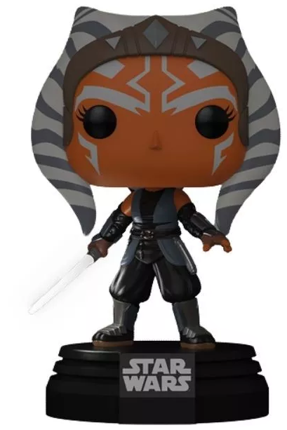 Ahsoka Tano Funko Pop figura fénykarddal. Star Wars márkájú talapzaton áll. A figura narancssárga, kék és fekete.
