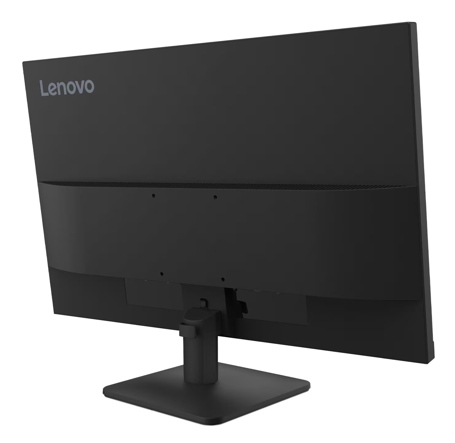 Tył czarnego monitora Lenovo. Podstawa jest czarna, a logo Lenovo znajduje się w lewym górnym rogu.